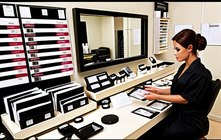 **Image of a beautician meticulously organizing income and expense records, highlighting categories like salon income, product sales, salon rent, product purchases, and equipment costs. The scene should convey financial responsibility and organization.**