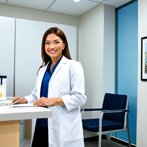 A professional female dermatologist, wearing a modest and pristine white lab coat over professional attire, is engaging warmly with a patient at a clean, modern reception desk in a brightly lit dermatology clinic. The environment is organized, with comfortable seating and subtle, pleasant decor, emphasizing hygiene and patient comfort. In the background, a glimpse of neatly arranged medical supplies and a clean examination room. The scene conveys a welcoming and trustworthy atmosphere. safe for work, appropriate content, fully clothed, professional, perfect anatomy, correct proportions, natural pose, well-formed hands, proper finger count, natural body proportions.