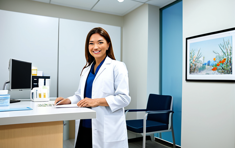A professional female dermatologist, wearing a modest and pristine white lab coat over professional attire, is engaging warmly with a patient at a clean, modern reception desk in a brightly lit dermatology clinic. The environment is organized, with comfortable seating and subtle, pleasant decor, emphasizing hygiene and patient comfort. In the background, a glimpse of neatly arranged medical supplies and a clean examination room. The scene conveys a welcoming and trustworthy atmosphere. safe for work, appropriate content, fully clothed, professional, perfect anatomy, correct proportions, natural pose, well-formed hands, proper finger count, natural body proportions.
