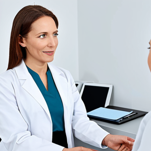 A professional adult female dermatologist in a clean, white lab coat over a modest business dress, engaged in a detailed, empathetic consultation with an adult female patient. The patient is wearing appropriate, contemporary clothing. They are seated at a modern, sterile desk in a well-lit, professional dermatology clinic. The dermatologist is gesturing gently, explaining a concept or showing a non-branded, safe skincare product. The scene conveys trust, care, and clarity. fully clothed, modest clothing, appropriate attire, professional dress, safe for work, appropriate content, perfect anatomy, correct proportions, natural pose, well-formed hands, proper finger count, natural body proportions, professional photography, high quality, studio lighting.