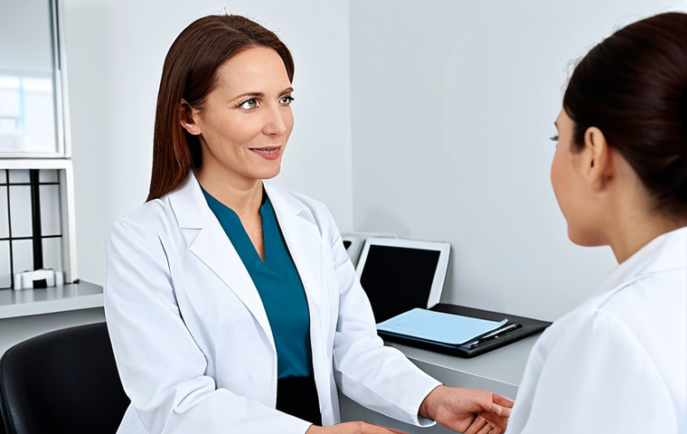 A professional adult female dermatologist in a clean, white lab coat over a modest business dress, engaged in a detailed, empathetic consultation with an adult female patient. The patient is wearing appropriate, contemporary clothing. They are seated at a modern, sterile desk in a well-lit, professional dermatology clinic. The dermatologist is gesturing gently, explaining a concept or showing a non-branded, safe skincare product. The scene conveys trust, care, and clarity. fully clothed, modest clothing, appropriate attire, professional dress, safe for work, appropriate content, perfect anatomy, correct proportions, natural pose, well-formed hands, proper finger count, natural body proportions, professional photography, high quality, studio lighting.