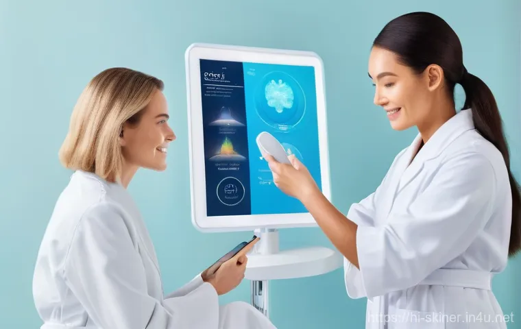 피부관리사의 최신 트렌드 활용법 - **Prompt 1: Personalized Skincare Powered by AI**
    "A clean, brightly lit, modern dermatology cli...