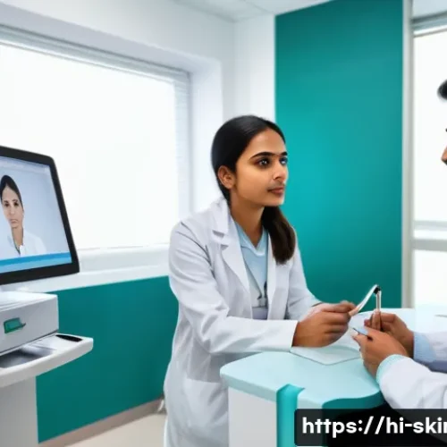 피부관리사의 하루 일과 - A professional dermatologist in a modern clinic, attentively listening to a Hindi-speaking female pa...