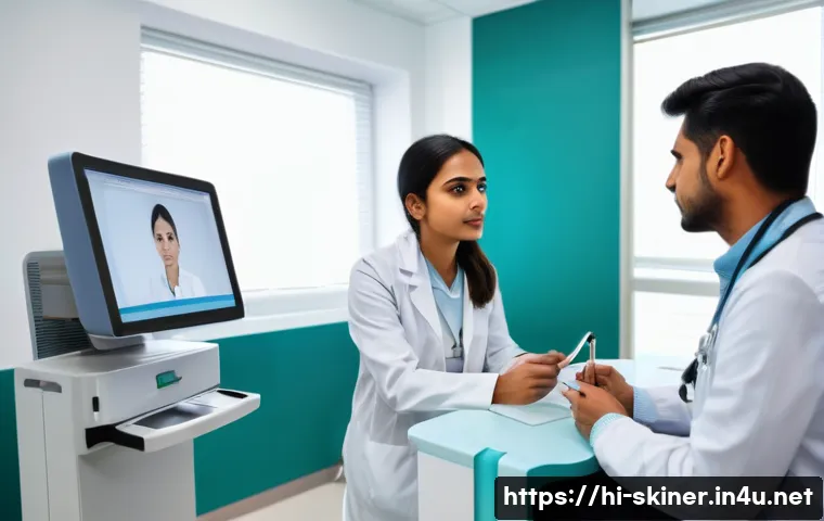 피부관리사의 하루 일과 - A professional dermatologist in a modern clinic, attentively listening to a Hindi-speaking female pa...