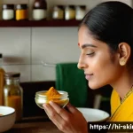 피부관리 트렌드 분석과 적용법 - A serene, sunlit Indian woman in her early 30s applying a homemade turmeric and milk face pack in a ...