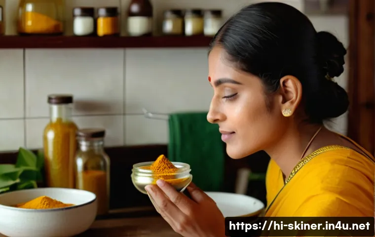 피부관리 트렌드 분석과 적용법 - A serene, sunlit Indian woman in her early 30s applying a homemade turmeric and milk face pack in a ...
