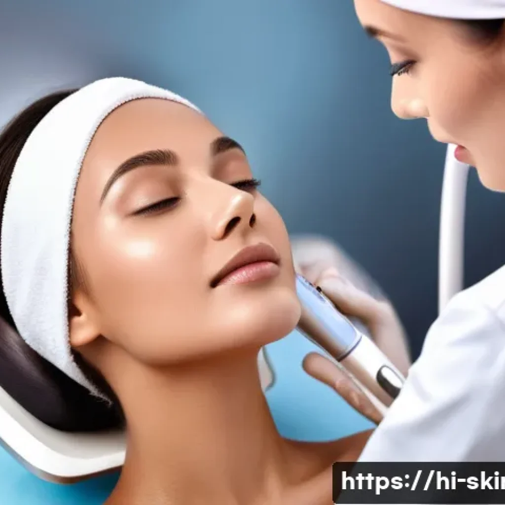 피부관리사가 자주 사용하는 전문 도구 - A high-tech skincare clinic scene featuring a professional using an advanced microdermabrasion devic...