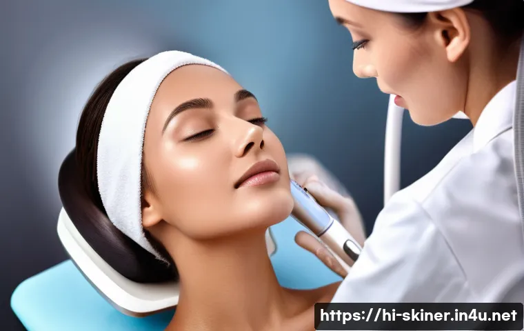 피부관리사가 자주 사용하는 전문 도구 - A high-tech skincare clinic scene featuring a professional using an advanced microdermabrasion devic...