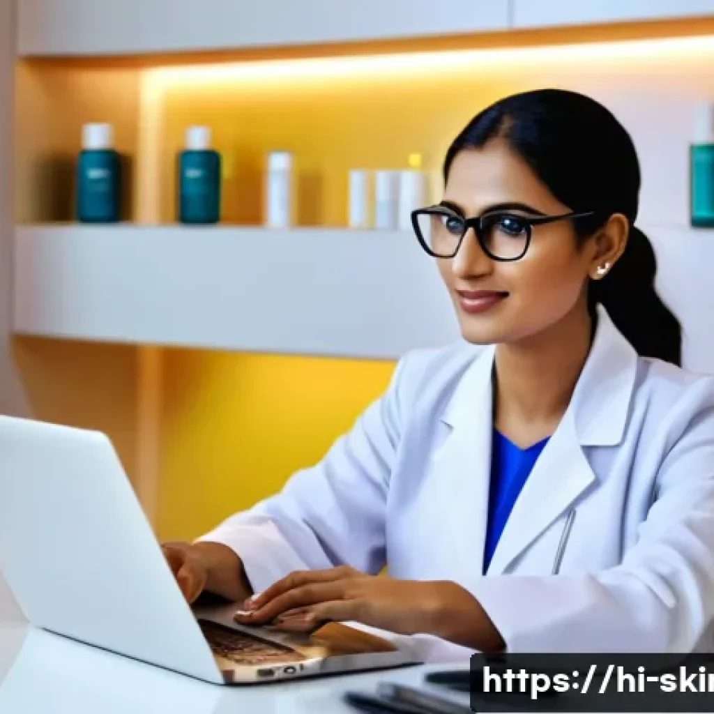 피부관리사로서의 소셜미디어 리뷰 관리 - A professional Indian dermatologist in a modern clinic setting, confidently engaging with clients vi...
