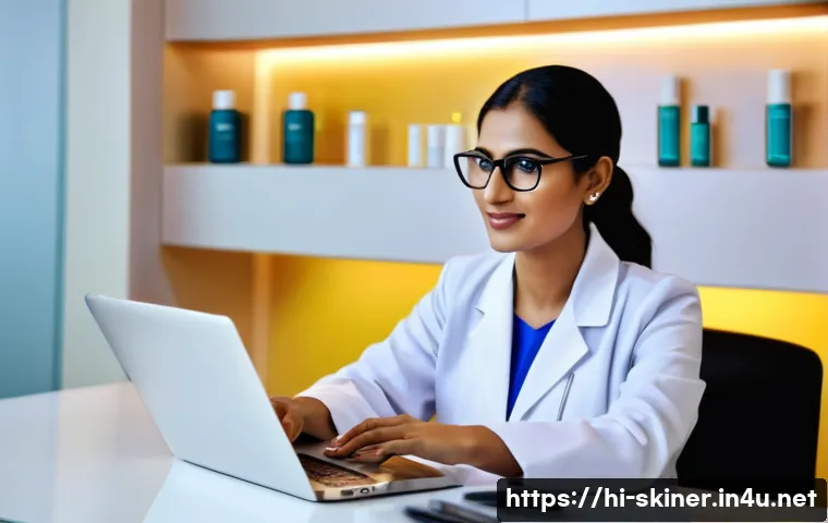 피부관리사로서의 소셜미디어 리뷰 관리 - A professional Indian dermatologist in a modern clinic setting, confidently engaging with clients vi...