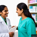 피부관리사의 고객 응대 사례 분석 - A warm, professional dermatologist consulting with a Hindi-speaking female client in a bright, clean...
