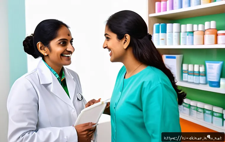 피부관리사의 고객 응대 사례 분석 - A warm, professional dermatologist consulting with a Hindi-speaking female client in a bright, clean...