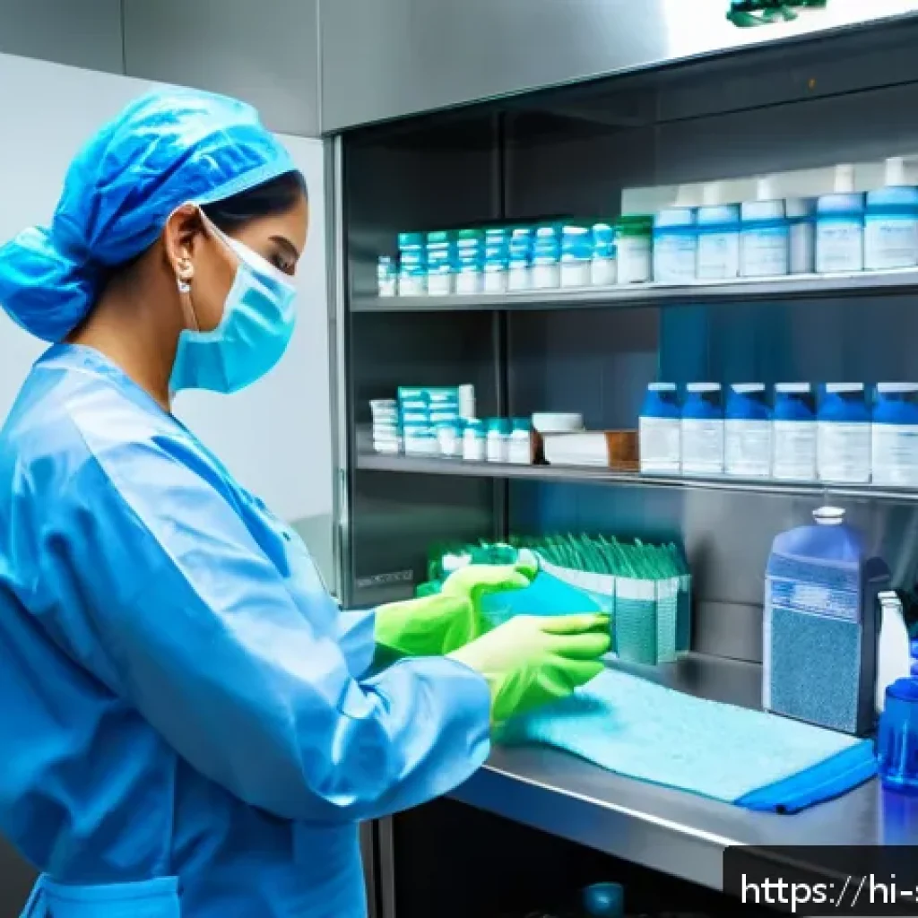 피부관리사의 도구 멸균 및 위생 관리 - A professional dermatology clinic scene showing a dermatologist carefully cleaning and disinfecting ...