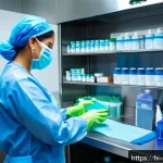 피부관리사의 도구 멸균 및 위생 관리 - A professional dermatology clinic scene showing a dermatologist carefully cleaning and disinfecting ...