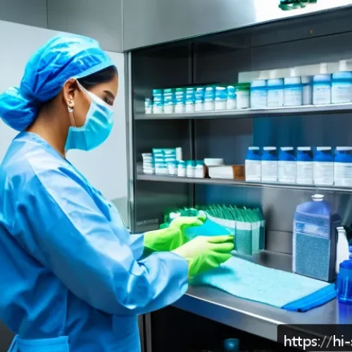 피부관리사의 도구 멸균 및 위생 관리 - A professional dermatology clinic scene showing a dermatologist carefully cleaning and disinfecting ...