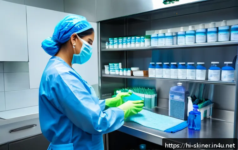 피부관리사의 도구 멸균 및 위생 관리 - A professional dermatology clinic scene showing a dermatologist carefully cleaning and disinfecting ...