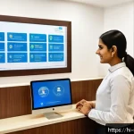 피부관리사의 고객 데이터 보호 사례 - A modern dermatology clinic reception area with digital security features visible: a receptionist at...