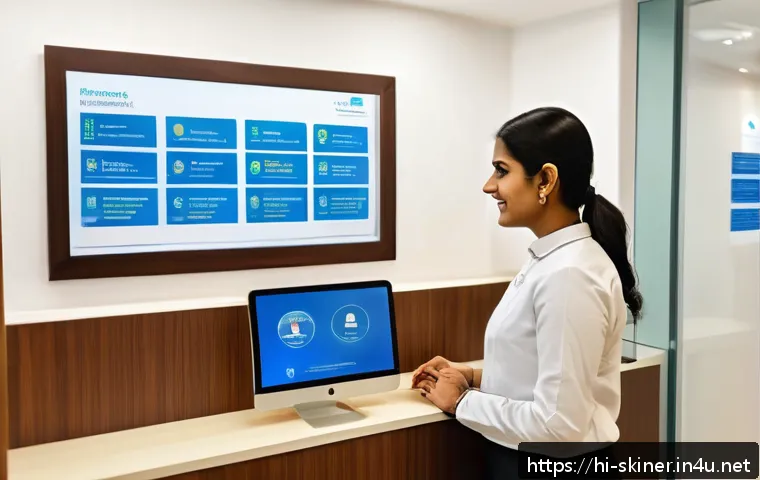 피부관리사의 고객 데이터 보호 사례 - A modern dermatology clinic reception area with digital security features visible: a receptionist at...