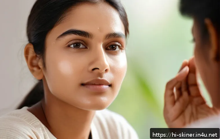 피부관리 실습에서 자주 묻는 질문 - A close-up portrait of a young Indian woman with combination skin, wearing light, breathable clothin...