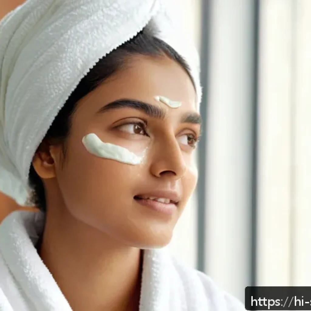 피부관리사의 실습에서 배운 사례 - A serene and fresh-faced young Indian woman with clear, glowing skin performing a gentle deep cleans...