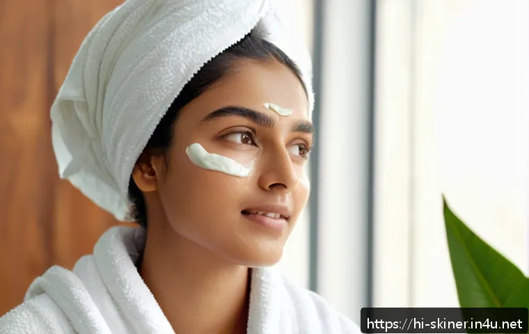 피부관리사의 실습에서 배운 사례 - A serene and fresh-faced young Indian woman with clear, glowing skin performing a gentle deep cleans...