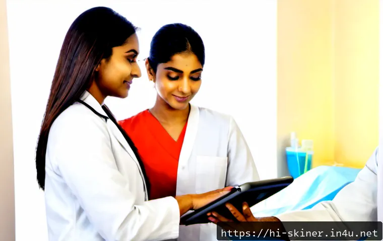 Home 17 피부관리 클리닉에서의 팀워크 중요성 - Photorealistic modern Indian skincare clinic, diverse Indian dermatologist and two professional aest...