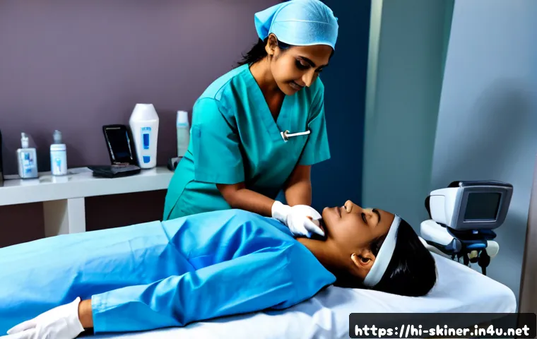 피부관리사의 최신 기술 트렌드 도입 사례 - Photorealistic modern skincare clinic in India, an Indian female skincare specialist wearing profess...